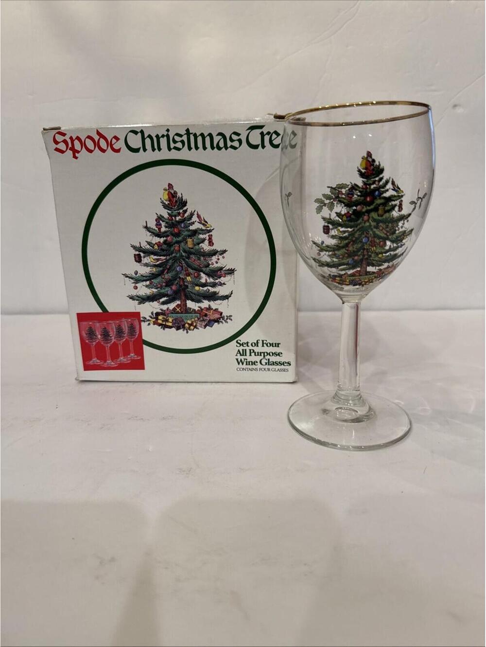 NEW Vintage Spode (4) Christmas Tree Wine Glasses Golden Trim 12 oz In Box